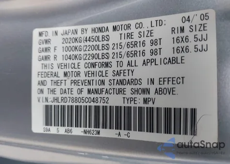 2005 Honda Cr-V Ex z USA, uszkodzony, nr VIN JHLRD78805C048752